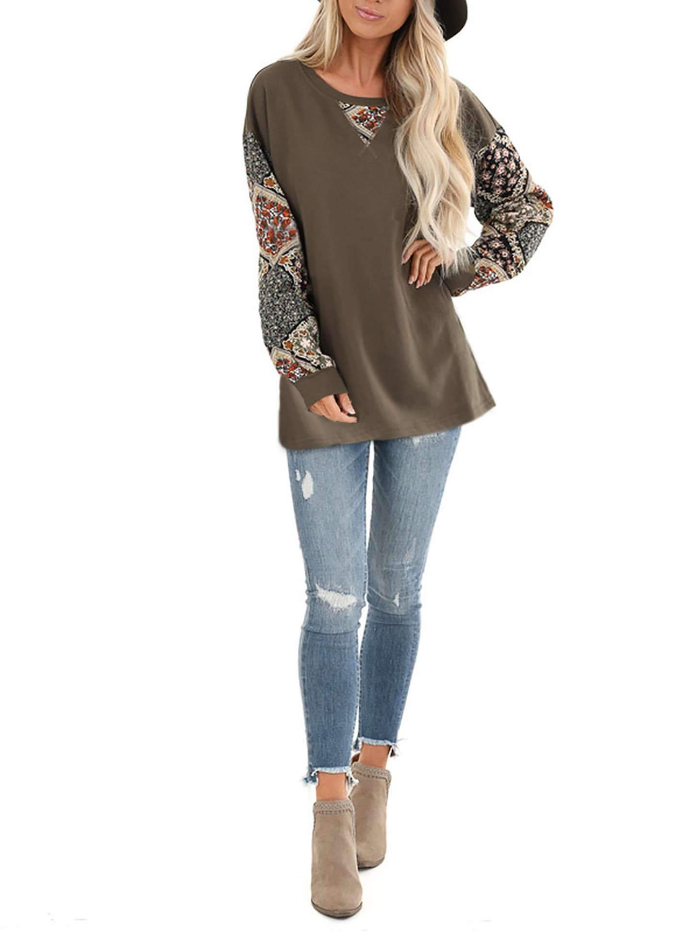 Print Gored Puff sleeve Round neck T-Shirts