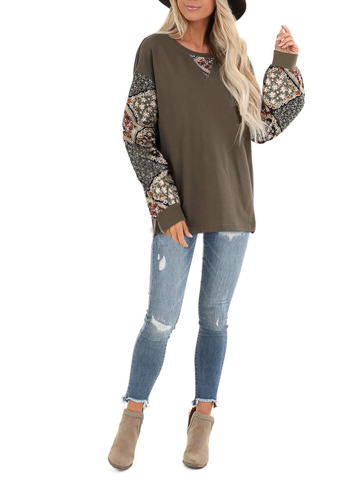 Print Gored Puff sleeve Round neck T-Shirts