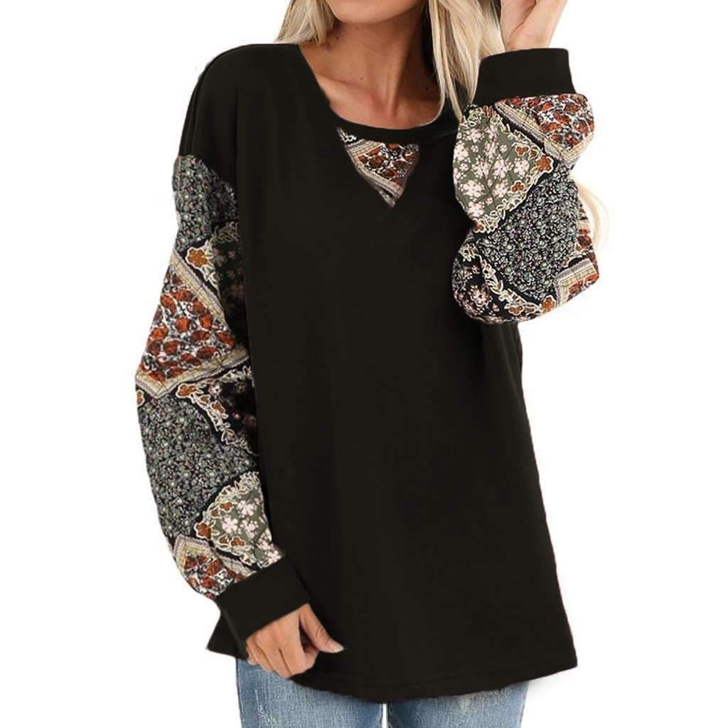 Print Gored Puff sleeve Round neck T-Shirts