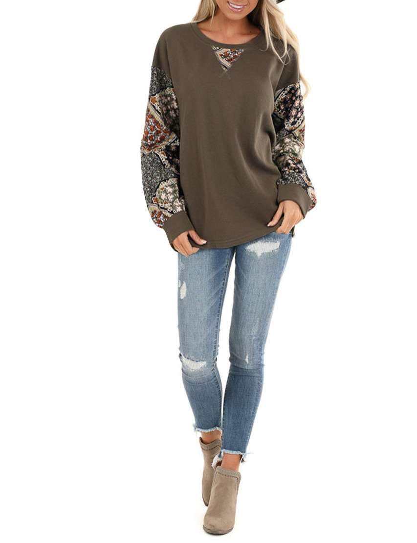 Print Gored Puff sleeve Round neck T-Shirts