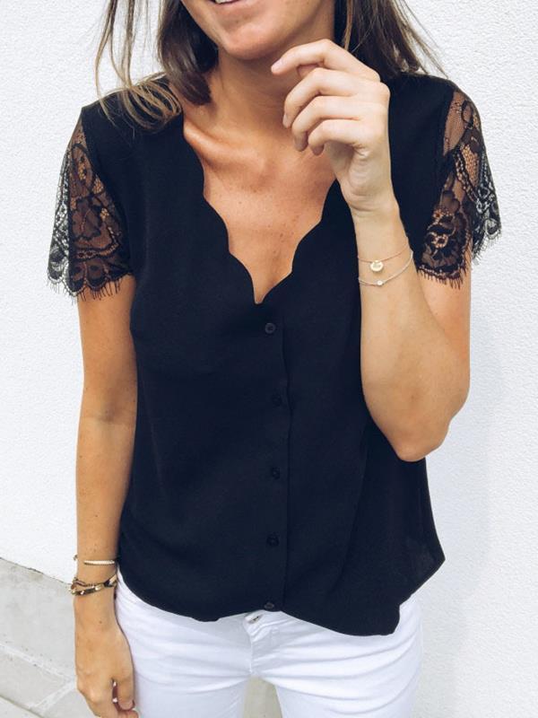 Plain petal v-neck lace short-sleeved T-shirt