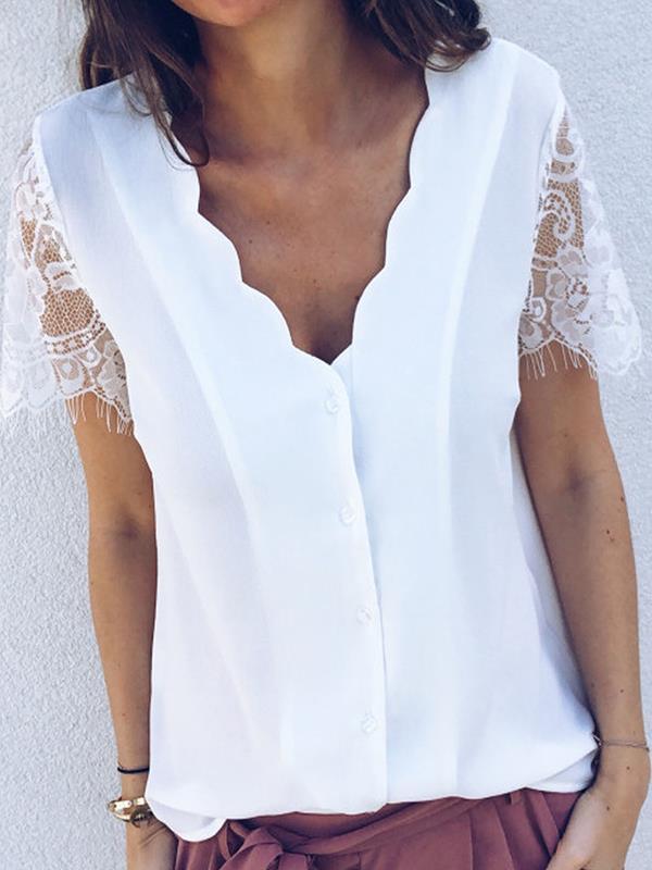 Plain petal v-neck lace short-sleeved T-shirt