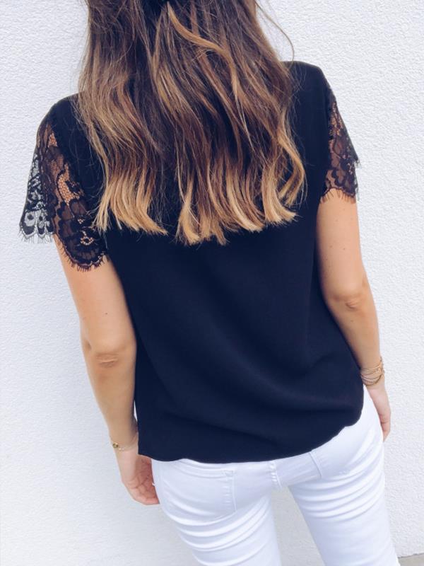 Plain petal v-neck lace short-sleeved T-shirt