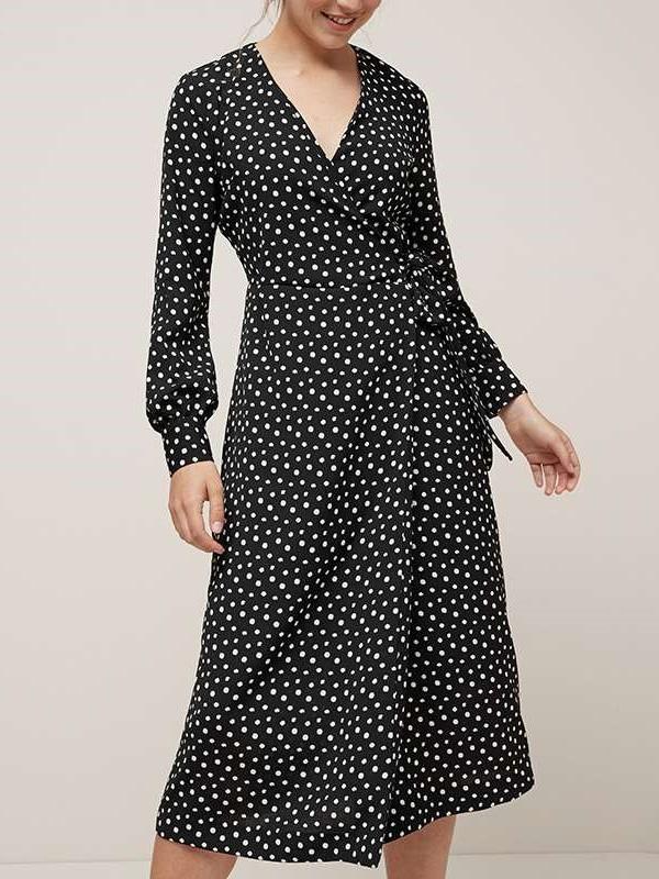Point print V neck Long sleeve Maxi Dresses