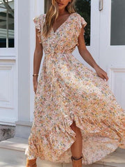 Pring V neck Fastener Lacing Maxi Dresses