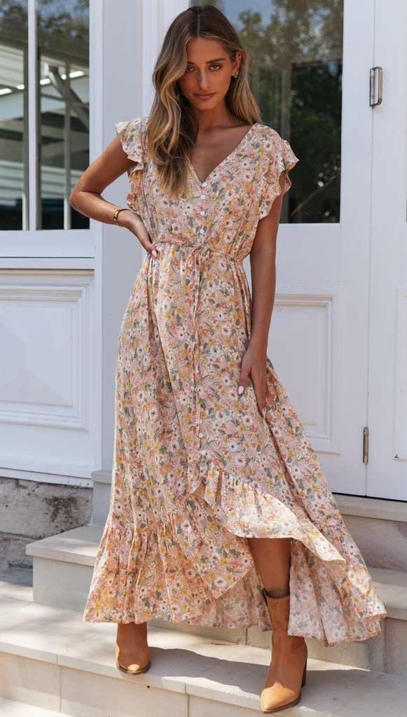 Pring V neck Fastener Lacing Maxi Dresses