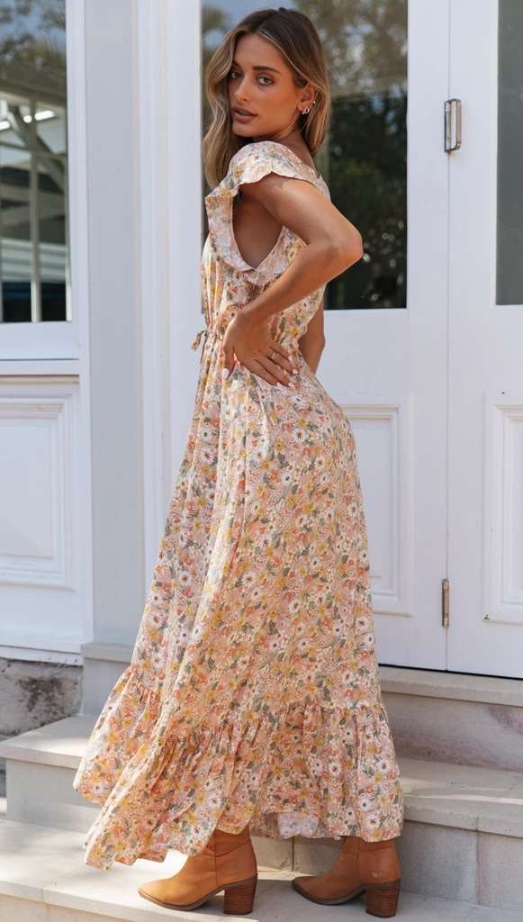 Pring V neck Fastener Lacing Maxi Dresses