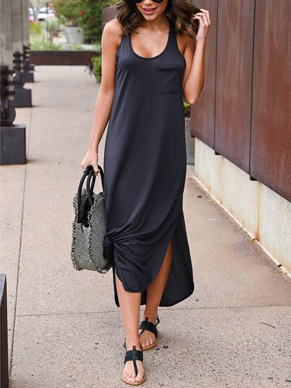 Plain Women Daily Long Sleeveless U neck Maxi Dresses