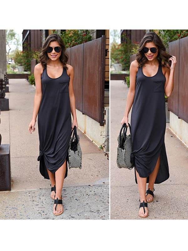 Plain Women Daily Long Sleeveless U neck Maxi Dresses