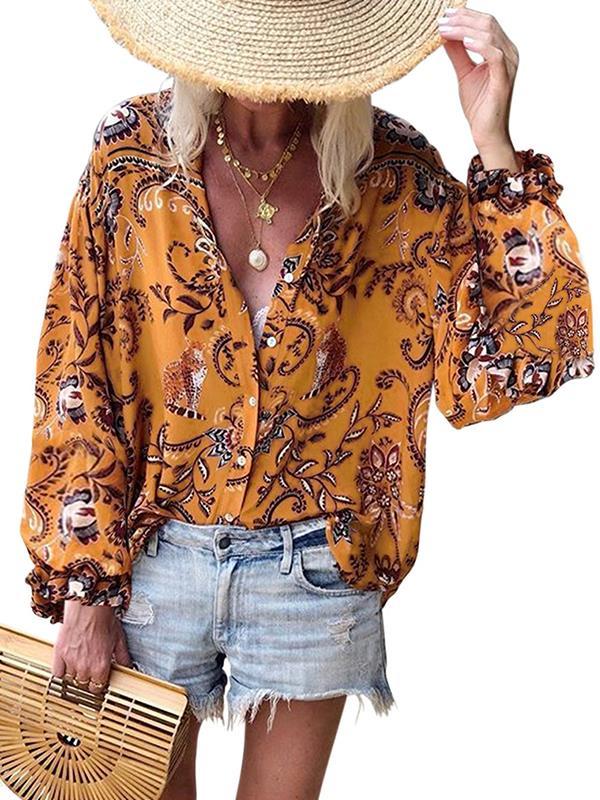 Print v-necklong sleeve versatile loose plus-size blouses