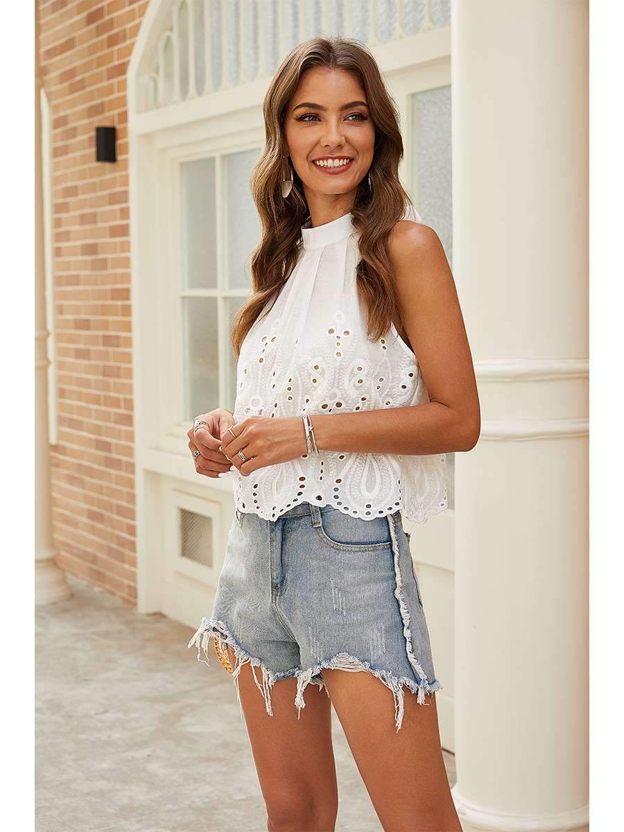 Pure Casual Hollow out Sleeveless T-Shirts