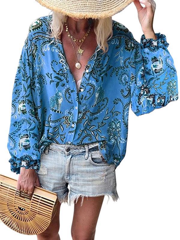 Print v-necklong sleeve versatile loose plus-size blouses