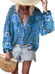 Print v-necklong sleeve versatile loose plus-size blouses
