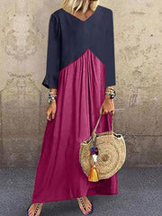 Patchwork color irregular long sleeve maxi dresses