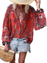 Print v-necklong sleeve versatile loose plus-size blouses