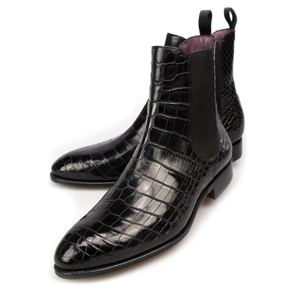 Men's High-Top Black Pointed Toe Crocodile Pattern Martin Boots