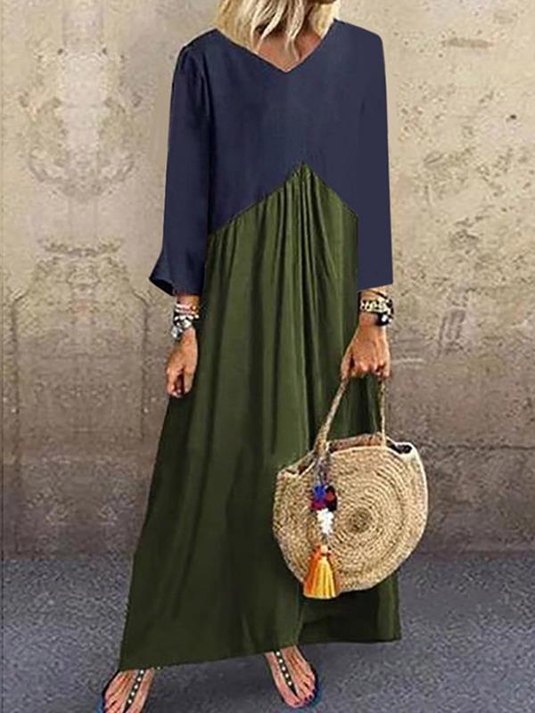 Patchwork color irregular long sleeve maxi dresses
