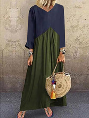 Patchwork color irregular long sleeve maxi dresses
