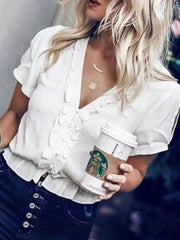 Plain v neck irregular chiffon short sleeve blouses