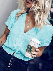 Plain v neck irregular chiffon short sleeve blouses
