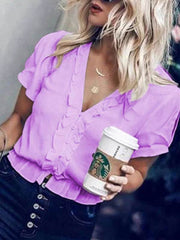 Plain v neck irregular chiffon short sleeve blouses