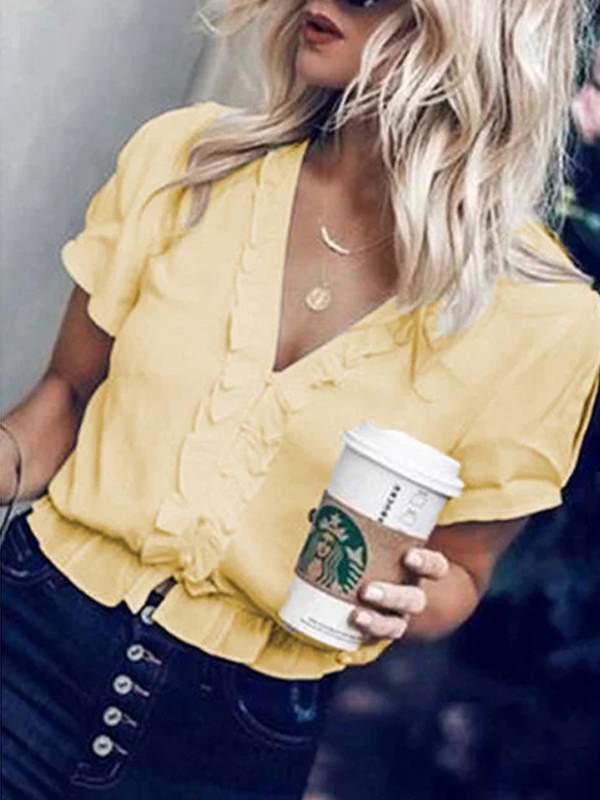 Plain v neck irregular chiffon short sleeve blouses