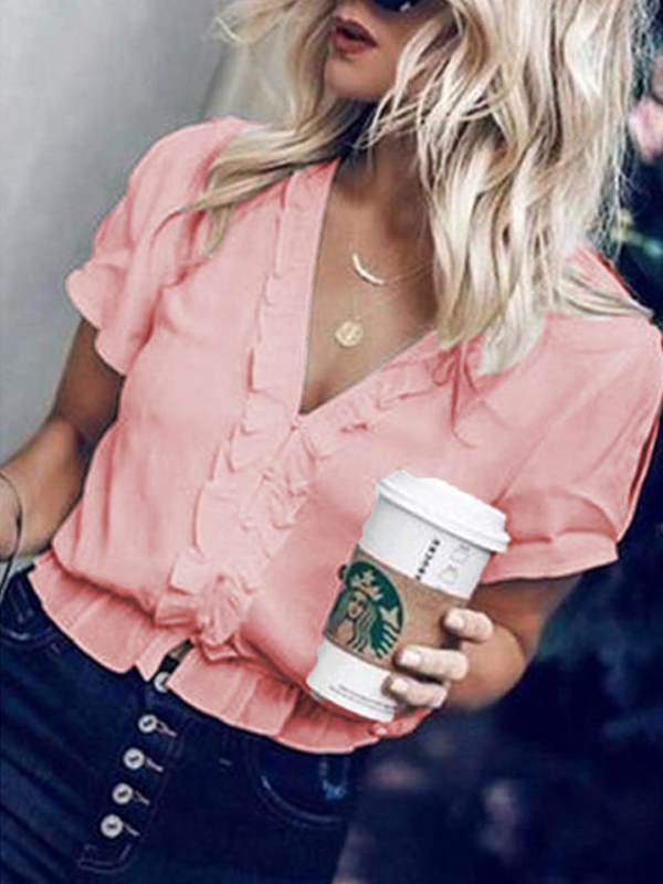 Plain v neck irregular chiffon short sleeve blouses