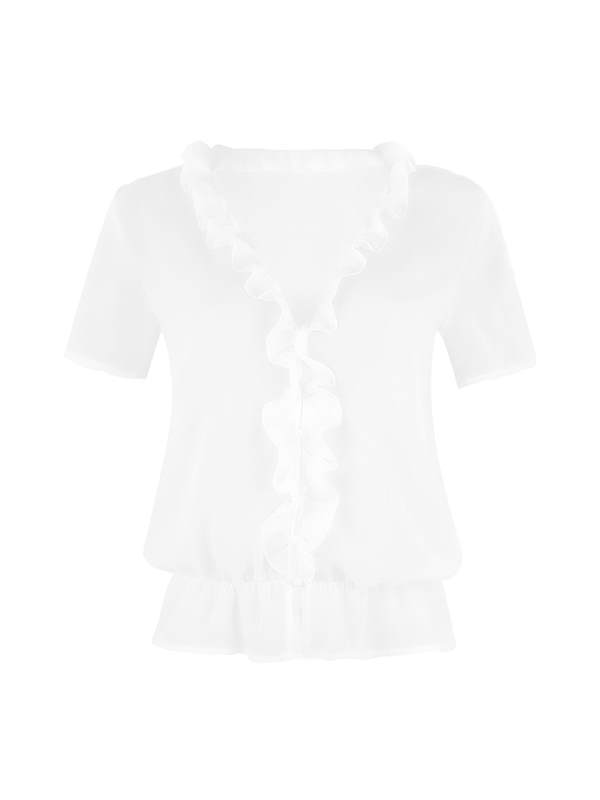 Plain v neck irregular chiffon short sleeve blouses