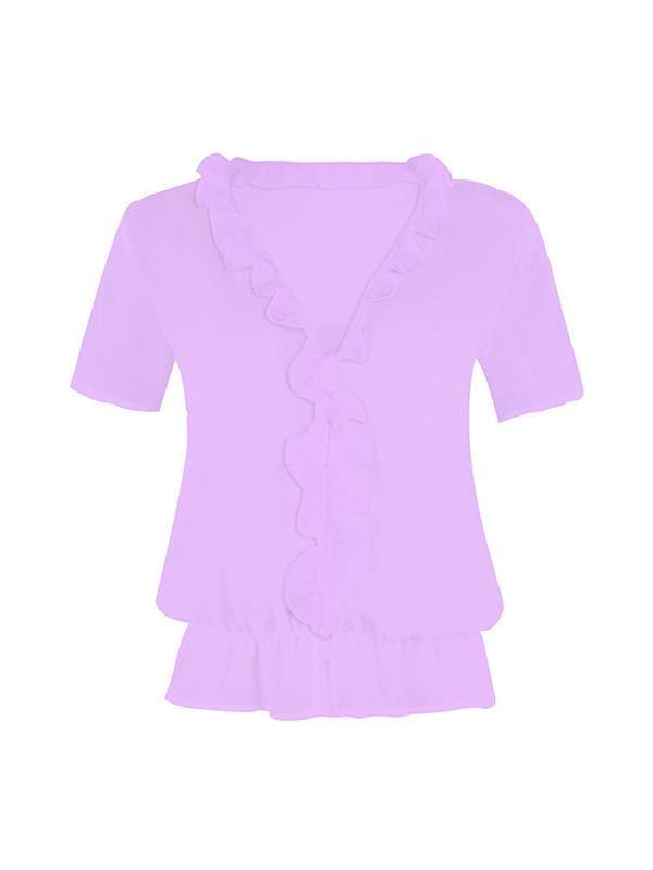 Plain v neck irregular chiffon short sleeve blouses