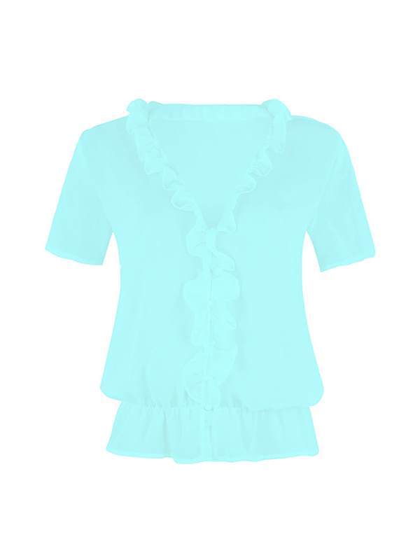 Plain v neck irregular chiffon short sleeve blouses