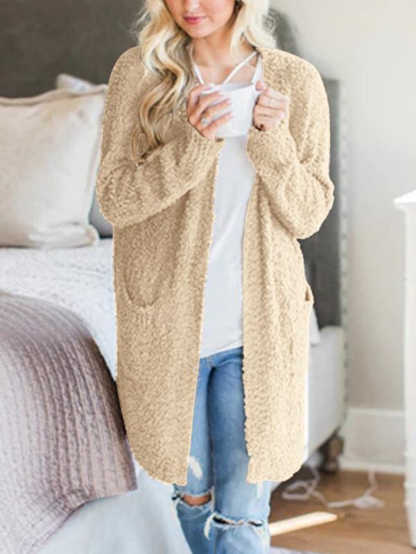 Plain Long sleeve Cardigan Pocket Knit Coat