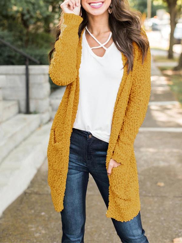 Plain Long sleeve Cardigan Pocket Knit Coat