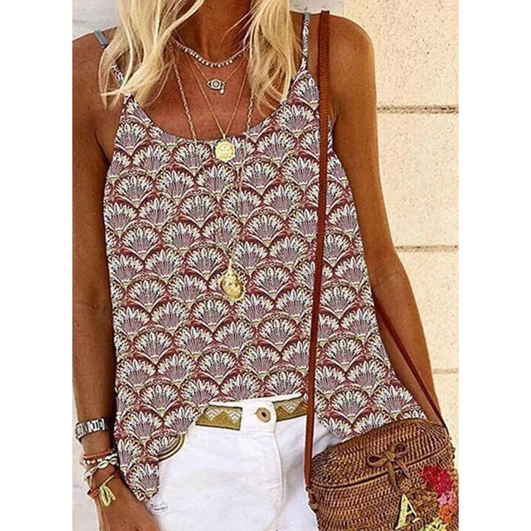 Plus size Fashion Print Crew Neck Sling Women's T-Shirt Top Vests