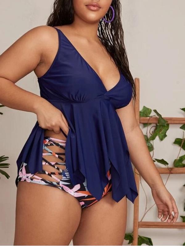 Women Plus Size Print Halter Two Piece Swimsuit