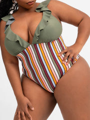 Women Plus Size Stripe Casual One Piece Swimsuit