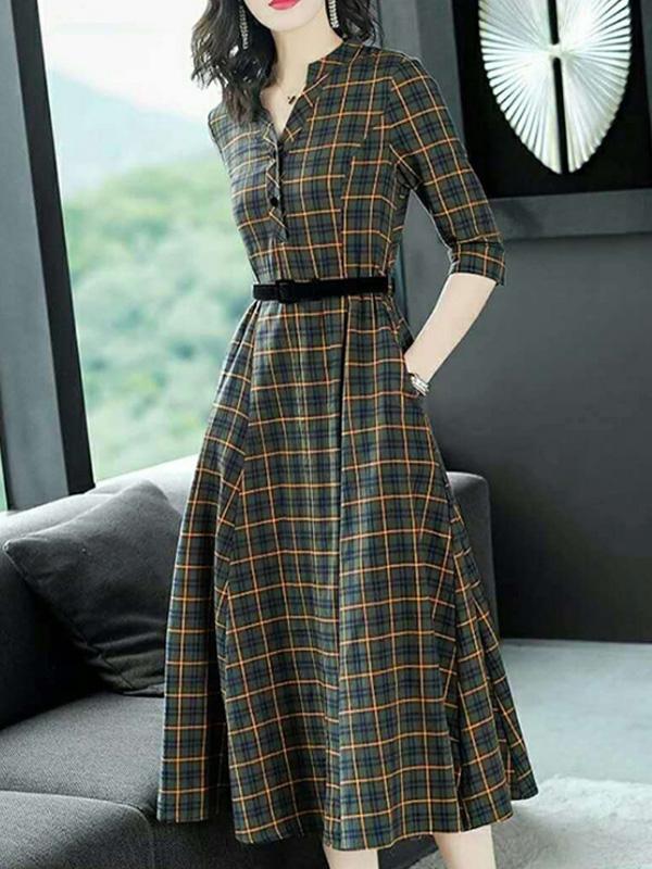 Printing Plaids V-Neck Seven-Tenths Sleeves Maxi Dresses For Woman