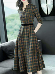 Printing Plaids V-Neck Seven-Tenths Sleeves Maxi Dresses For Woman