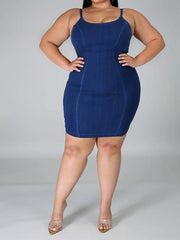 Plus Size Denim Solid Color Halter Mini Dress