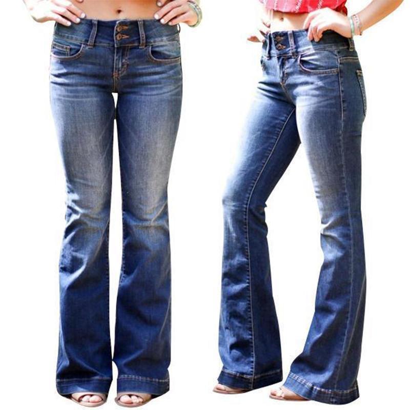 Mid Waist Casual Button Bell-Bottom Jeans