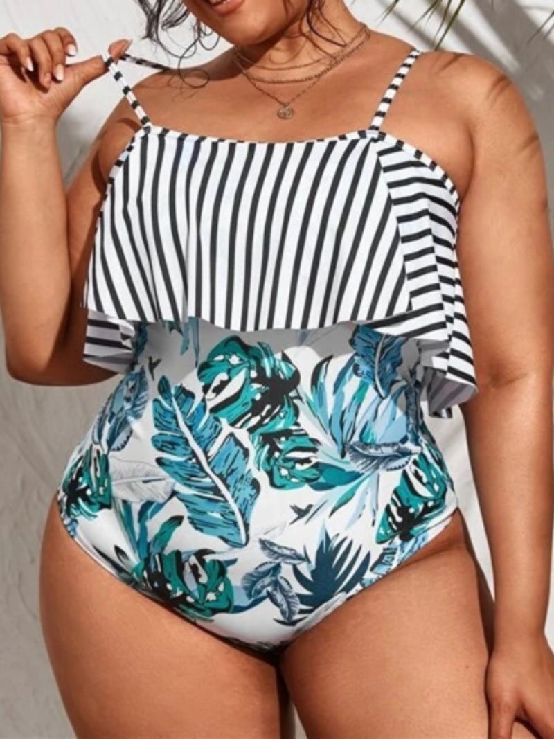 Women Plus Size Stripe Print One Piece Swimsuit