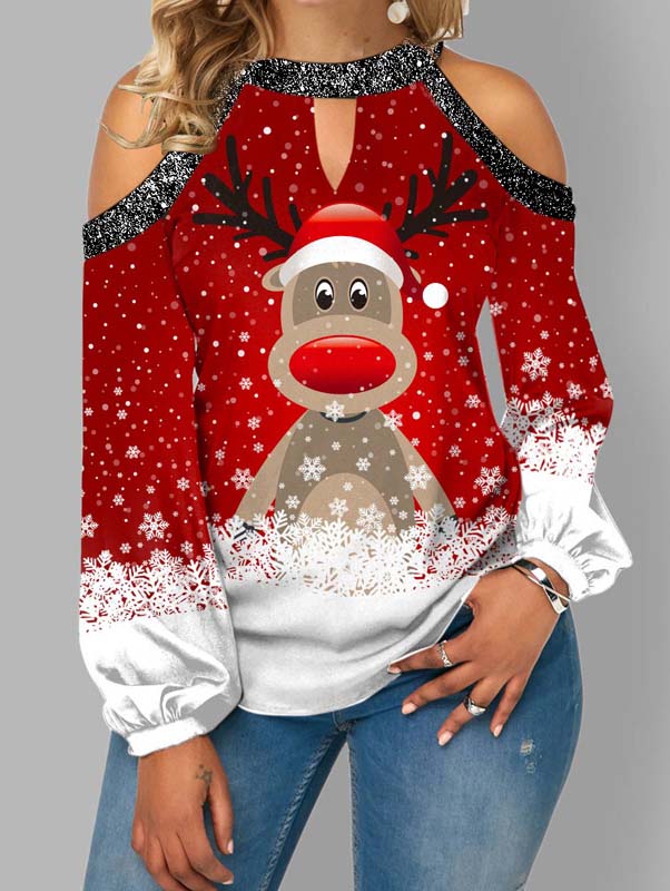 🔥Clearance Sale Alert: Christmas Elk Print Long Sleeve T-Shirt - Red /M