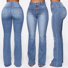 Washed High Waist Button Boot-Cut Jeans