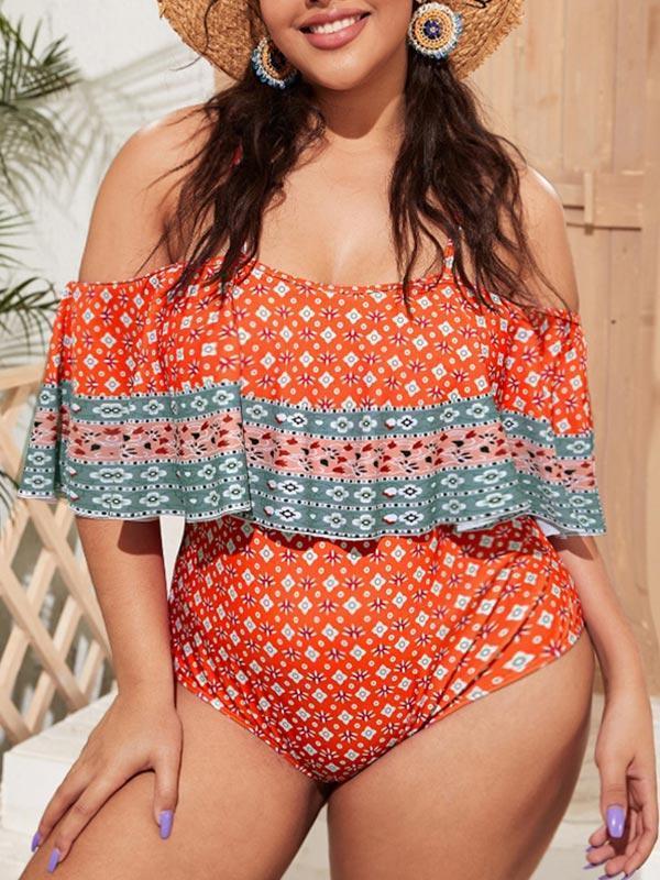 Women Plus Size Print Off Shoulder One Piece Swimsuit