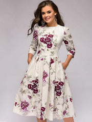 Printing O-Neck Seven-Tenths Sleeves A-Line Skater Dresses