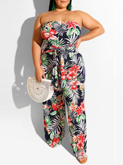 Women Plus Size Leaf Print Off Shoulder Sleeveless Jumpsuits