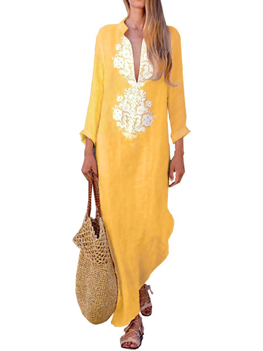 Plus Size Cotton Linen Long Sleeve Solid Loose V Neck Boho Long Dress Casual Dress Maxi Dress For Woman