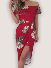 Pretty Cotton Floral Printed Ruffled off Shoulder Midi Dress