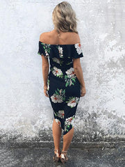 Pretty Cotton Floral Printed Ruffled off Shoulder Midi Dress