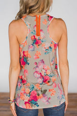 Printed Zipper Design Pink Tank Top Vests