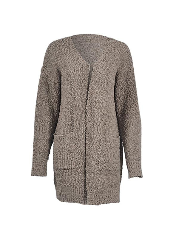 Plain Long sleeve Cardigan Pocket Knit Coat